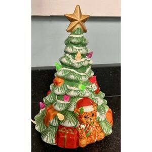 Vtg 10"‎ Tall Ceramic Lighted Christmas Tree Colored Bulbs Teddy Bear & Gifts